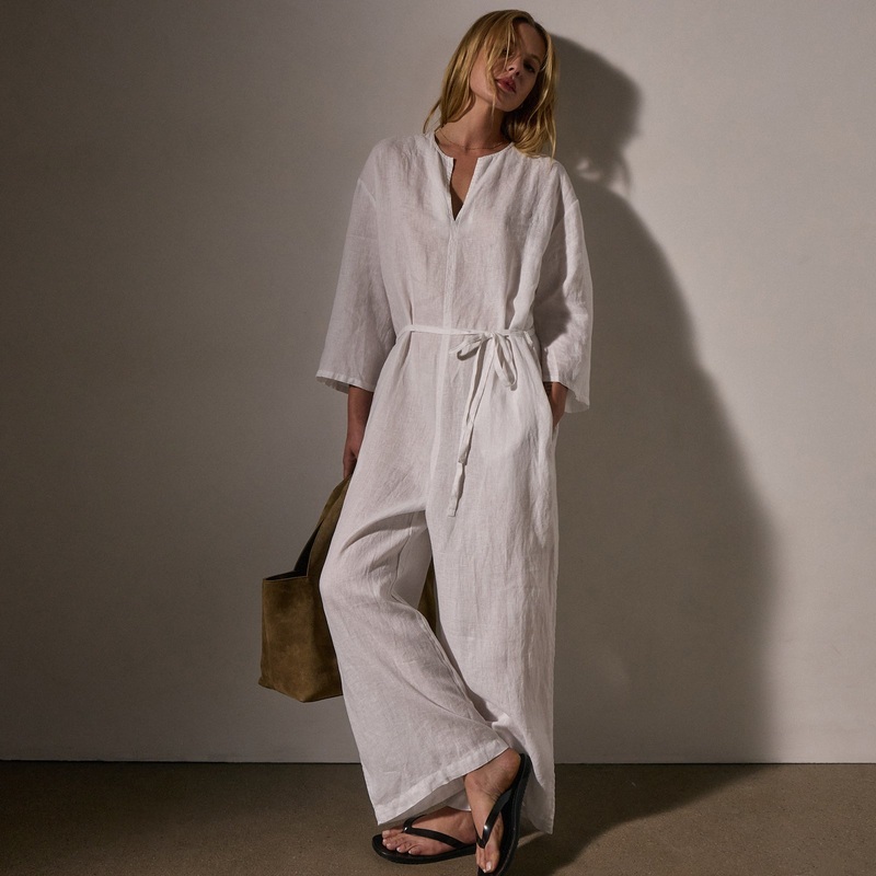 Belted Linen Jumpsuit - White