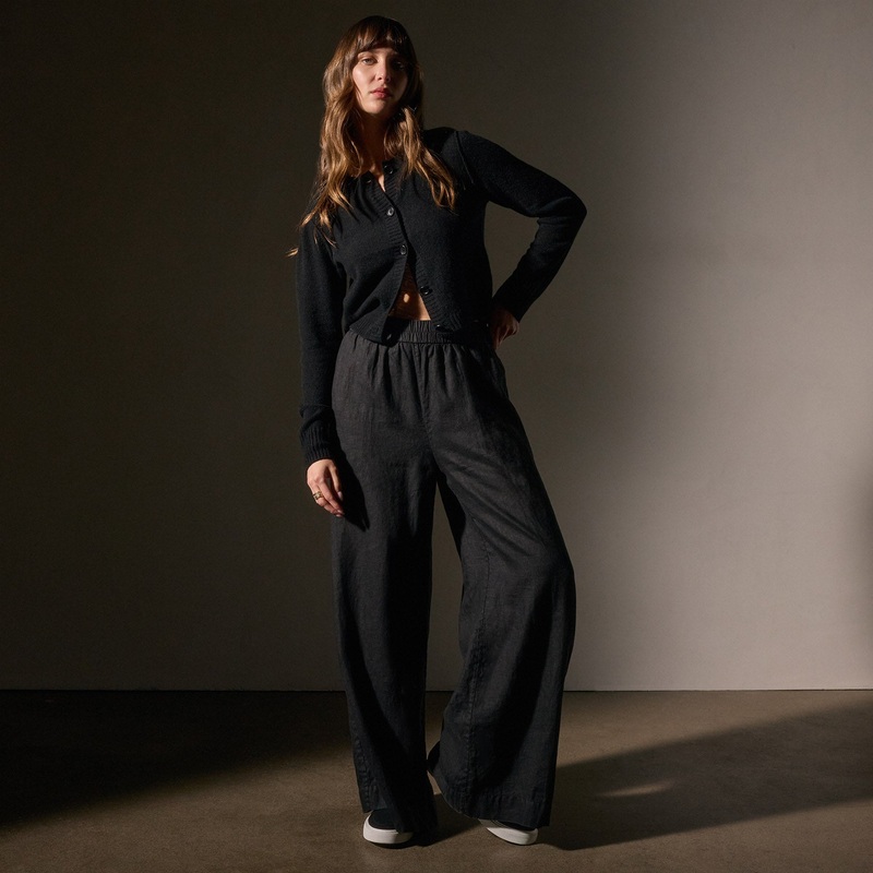 Lightweight Linen Wide Leg Pant - Black