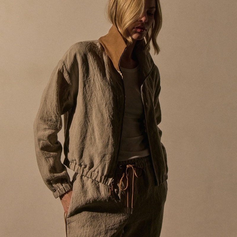 Linen Track Jacket With Suede - Natural/Tabacco