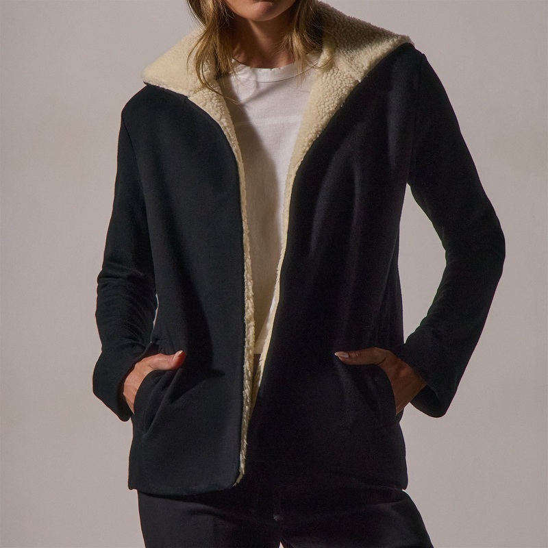 Sherpa Hooded Open Front Jacket - Black