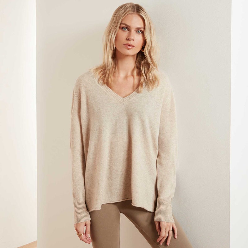 Recycled Cashmere V Neck Sweater - Granola