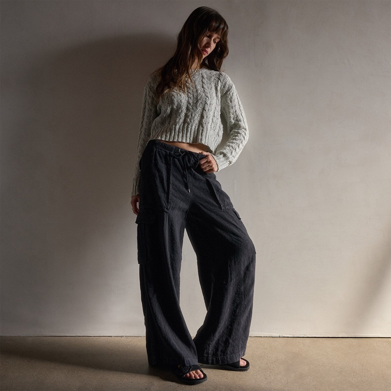 Wide Leg Linen Blend Cargo Pant - Black