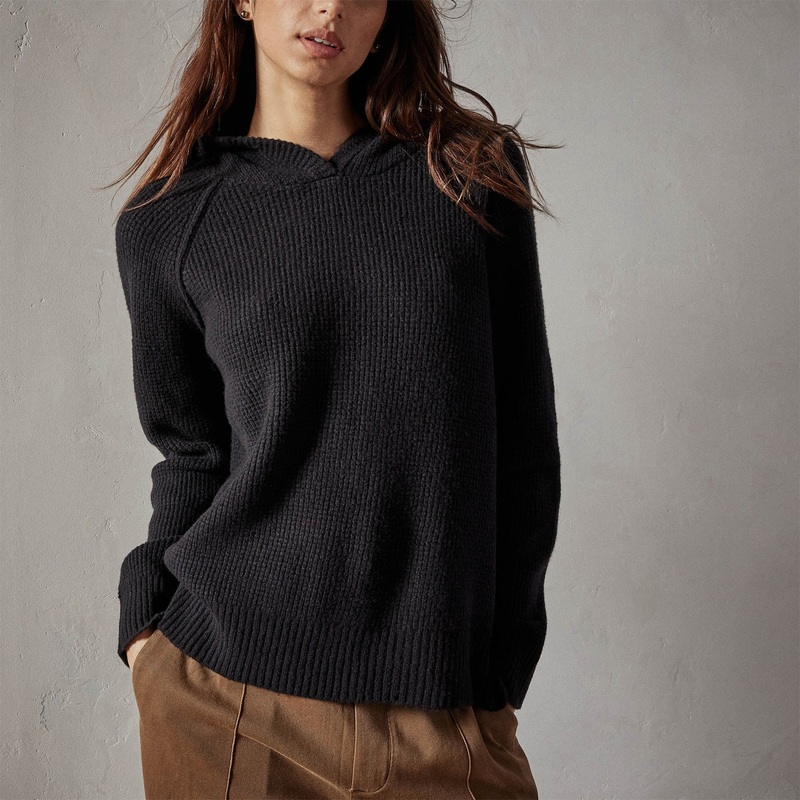 Thermal Knit Hooded Sweater - Black