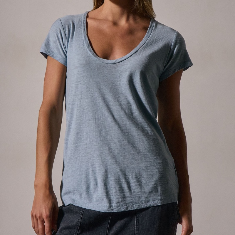 Cotton Crepe Deep Uneck Tee - Azure