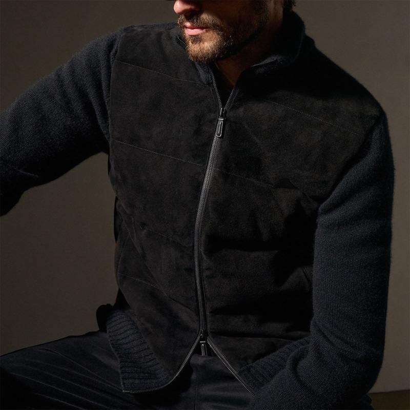 Suede Front Zip Up Sweater - Black