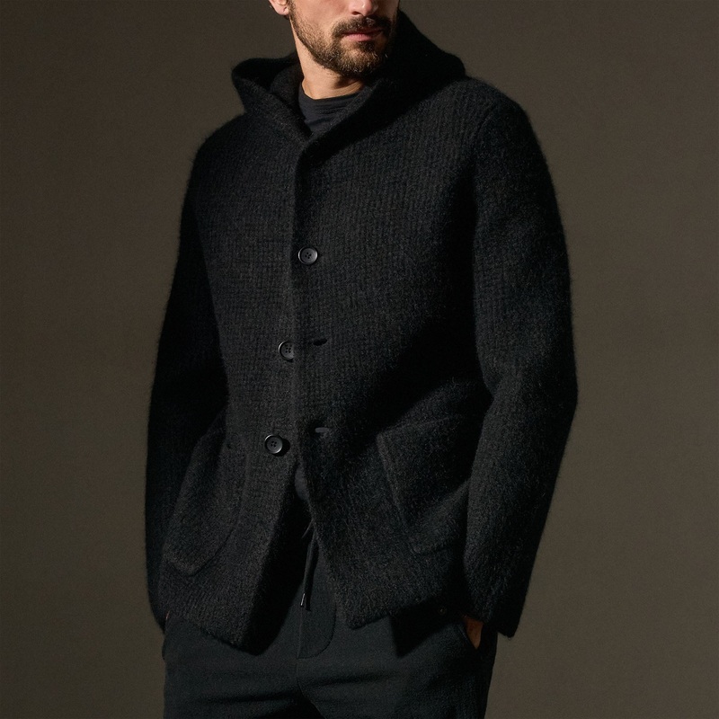 Chunky Waffle Knit Hooded Coat - Black