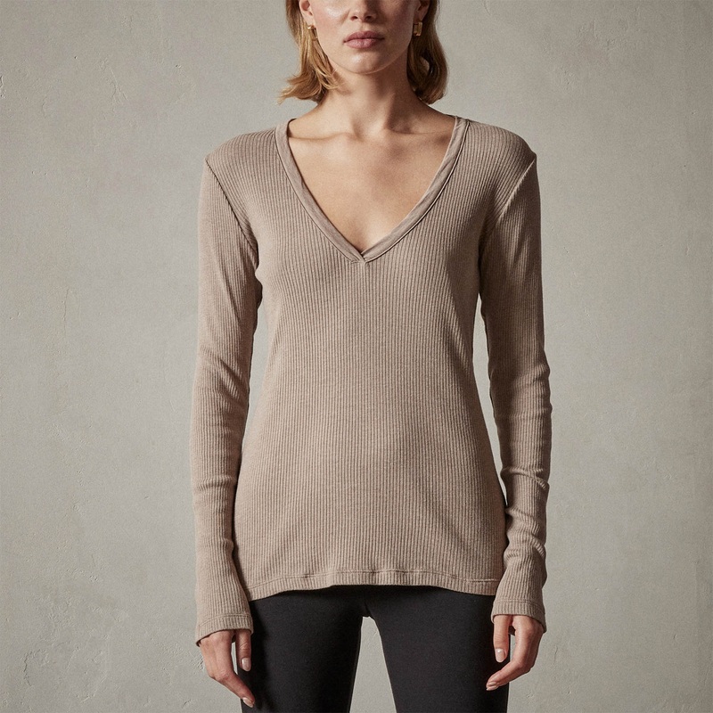 Deep V Long Sleeve Rib Top - Fawn