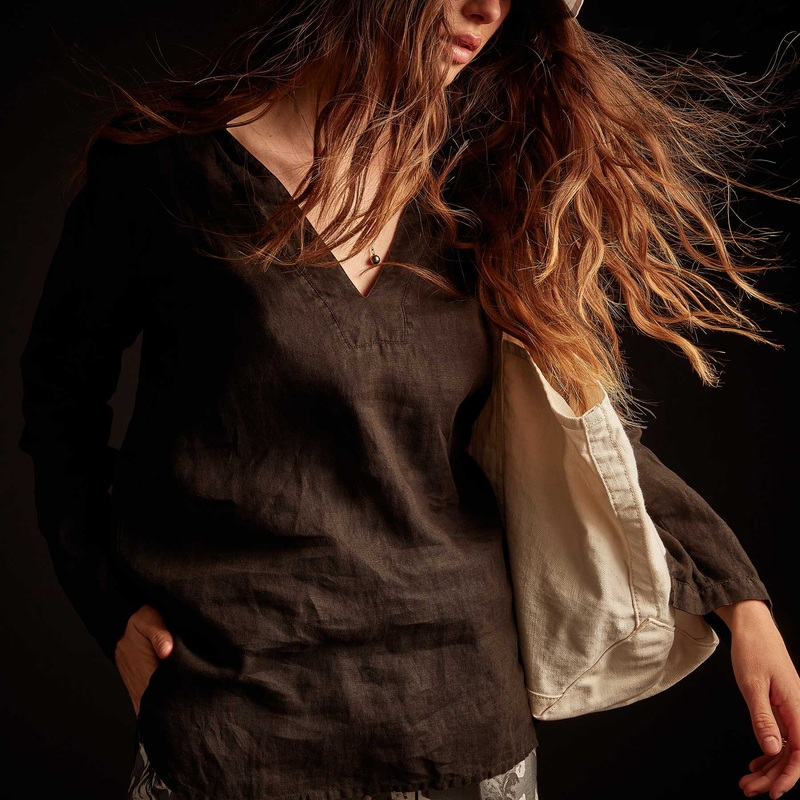 Open Collar Linen Shirt - Black