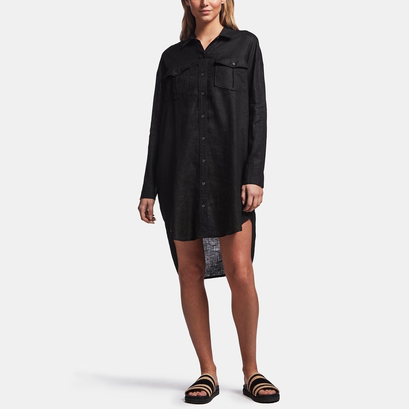 Linen Military Shirt Dress - Black