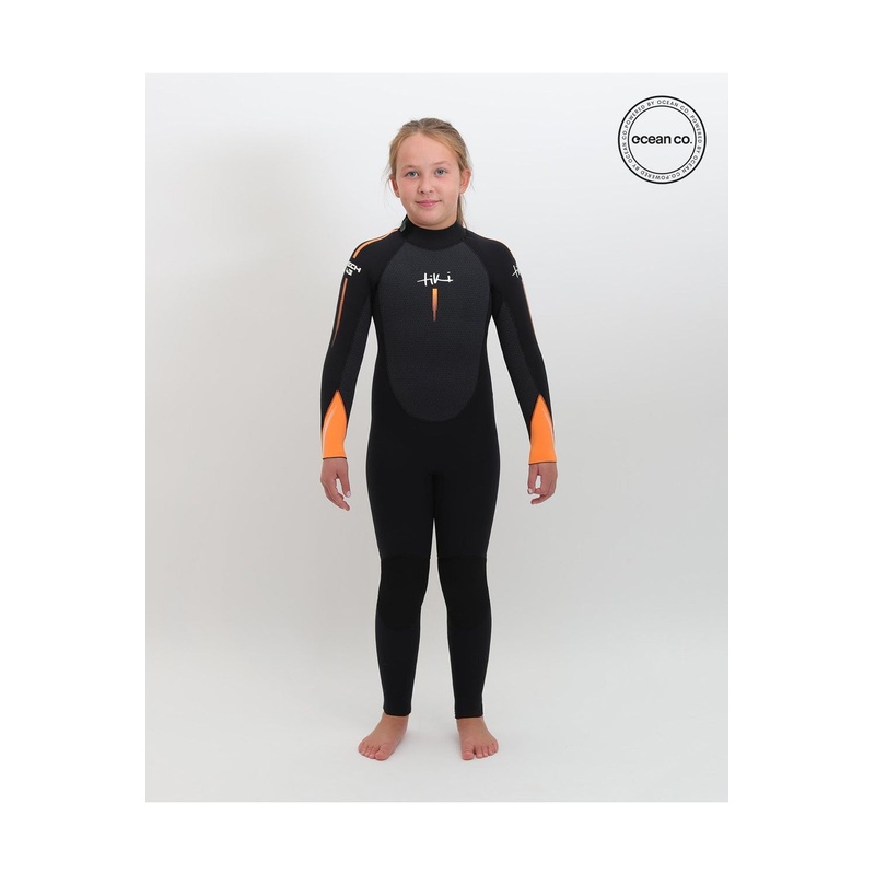 Tiki Junior Tech 4/3 Wetsuit GBS Steamer - Back Zip - Black/Orange