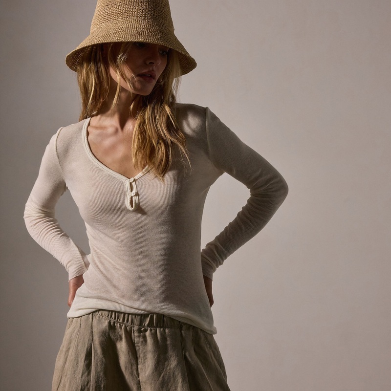 Cotton Cashmere Blend Ribbed Henley - Ivory