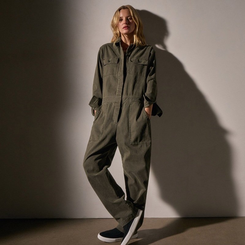 Stretch Herringbone Jumpsuit - Army Green Pigment